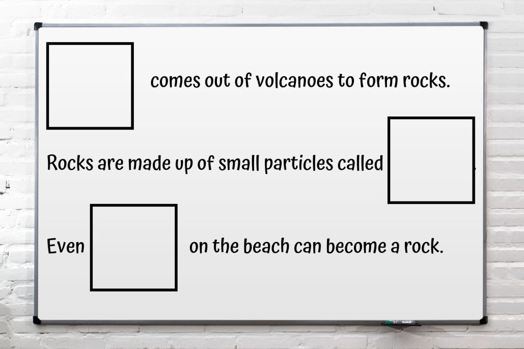 sentences about rocks and minerals on whiteboard