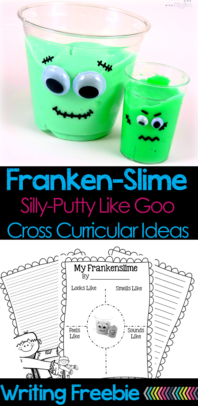 Slime, goo, GAK, silly-putty….Whatever you call it, goo is fun! These “Franken-Slime” cups are a great project to do with the kids. There’s a writing freebie and ideas for cross-curricular integration too!