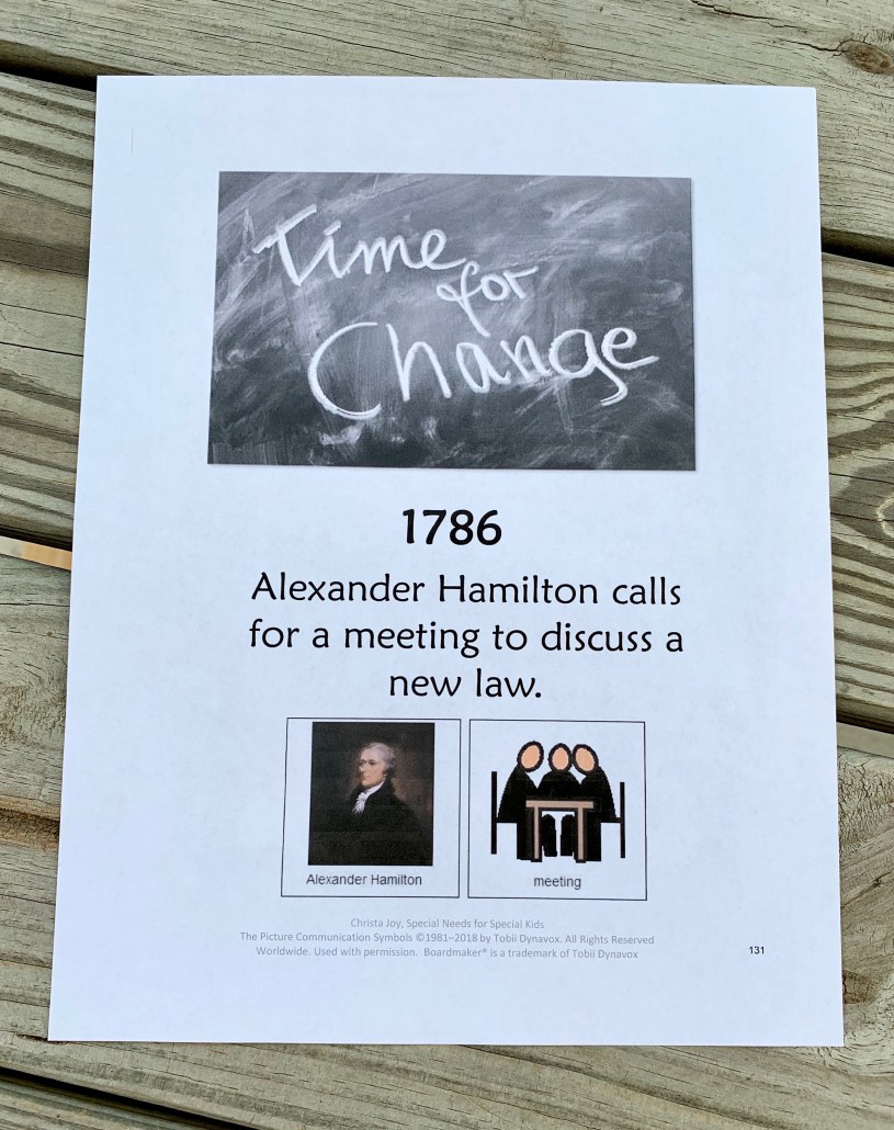 1786 Timeline card:  Alexander Hamilton calls for a meeting to discuss a new law.