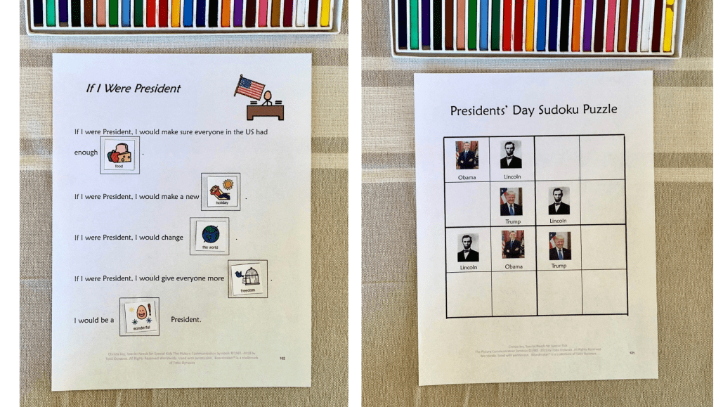 Activities for Presidents' Day: writing prompt and Sudoku puzzle